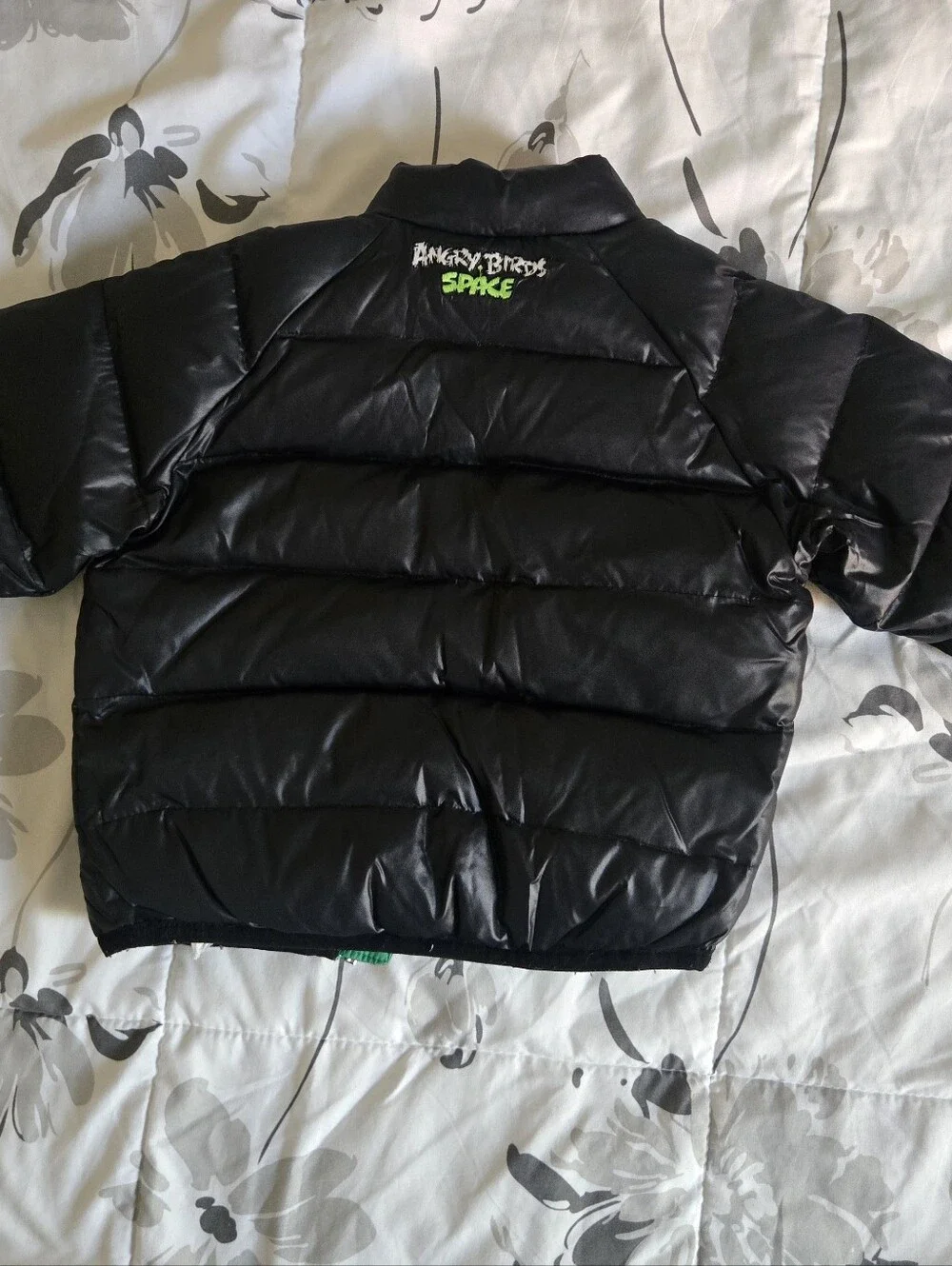 Kids Black Puffer Jacket with Green Trim